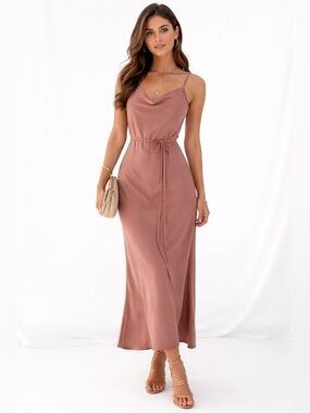 Prologue Satin Cowl-Neck Maxi Dress in Dusty Rose